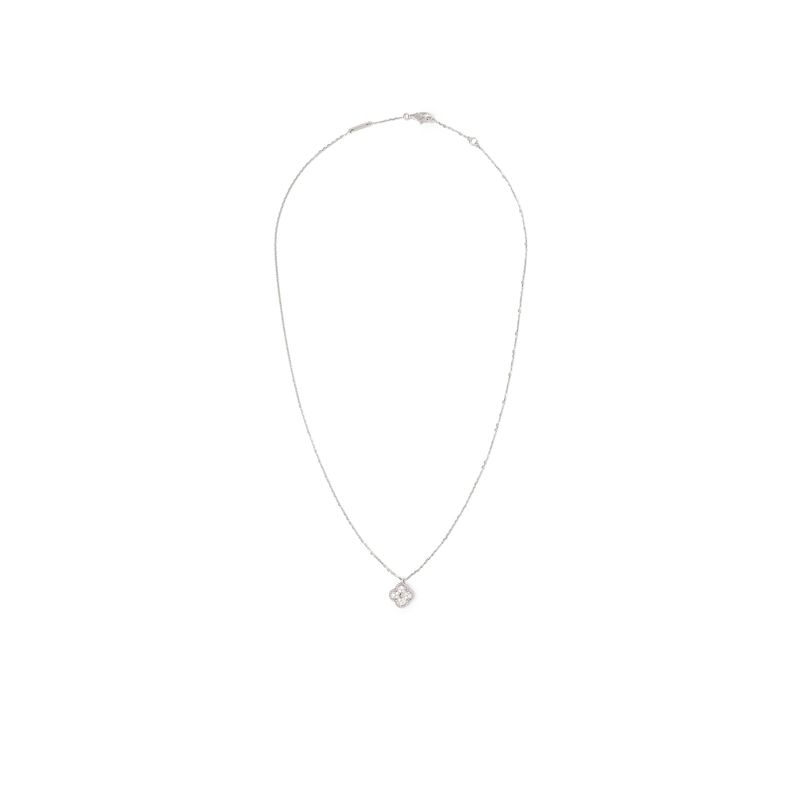 Front view of Van Cleef & Arpels Sweet Alhambra Pendant Diamond 18K White Gold necklace with delicate chain and clover charm