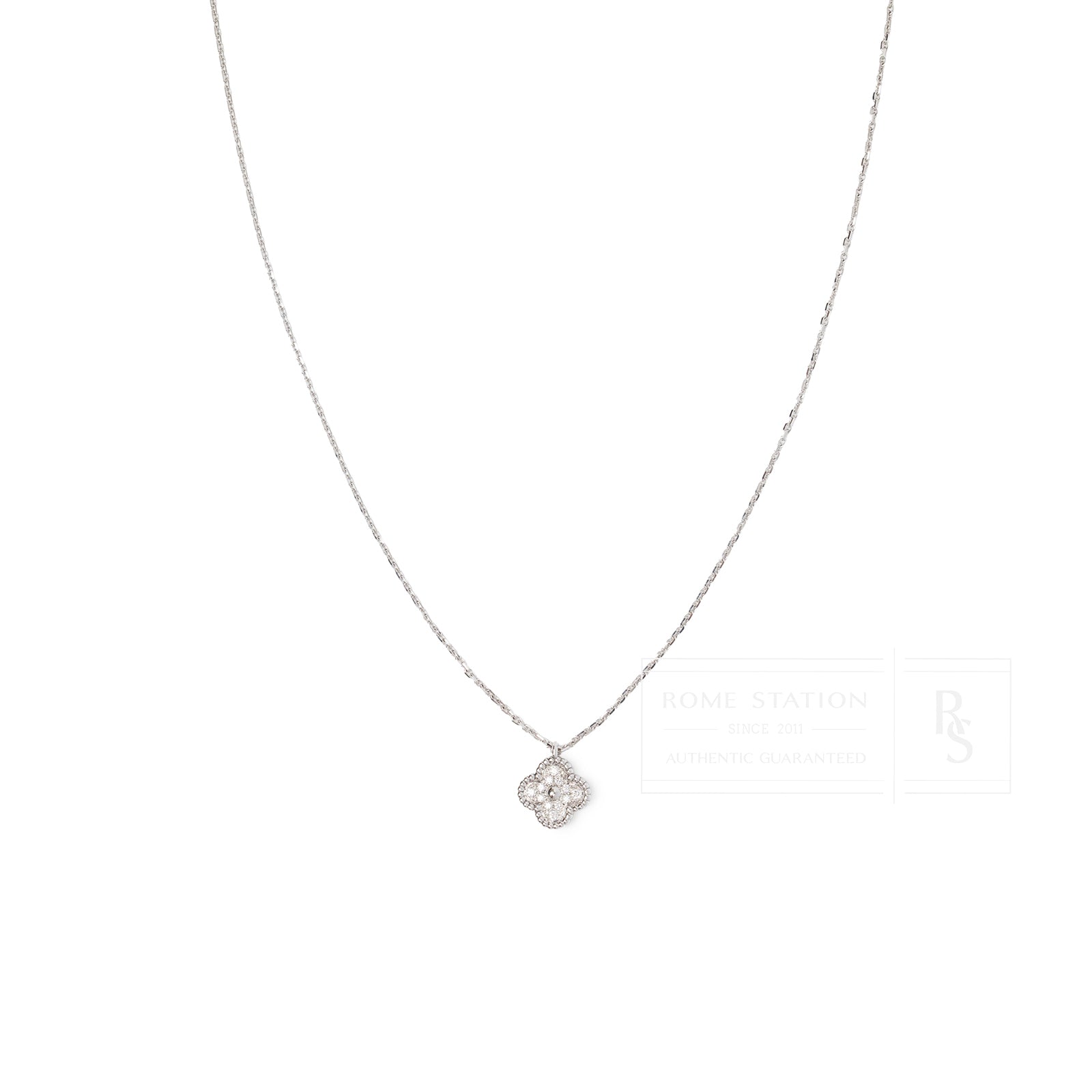 Front view of Van Cleef & Arpels Sweet Alhambra Pendant Diamond 18K White Gold necklace with detailed clover motif