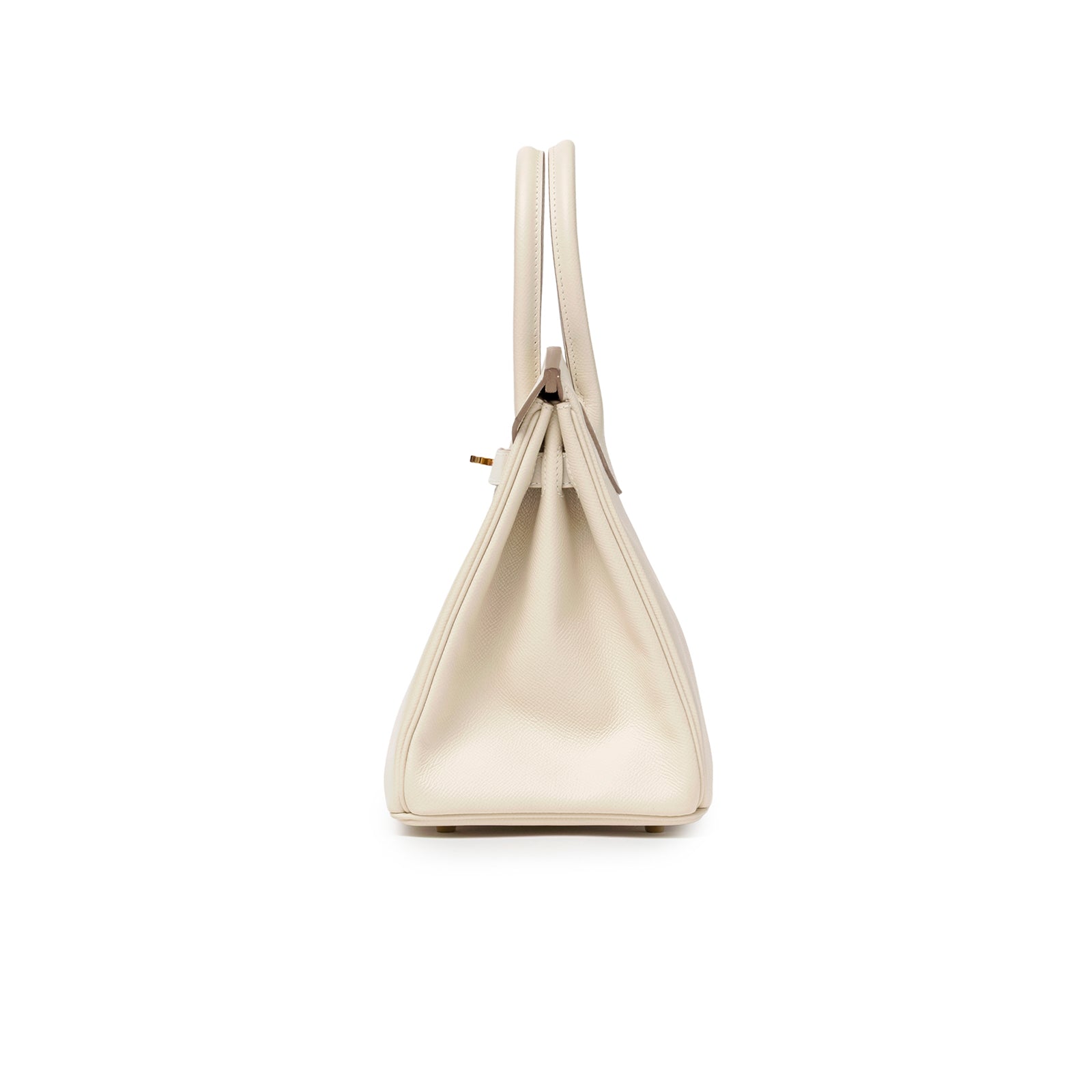 Side profile of Hermès Birkin 30 Craie Epsom Gold Hardware highlighting smooth cream leather and structured silhouette