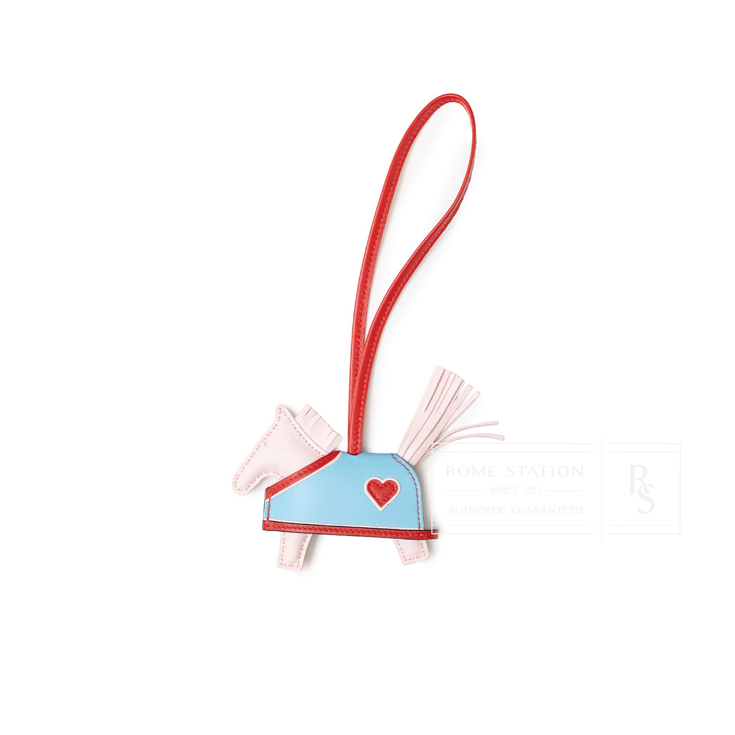 Front view of Hermès Rodeo Robeo Coeur Charm PM Rose Darling Rouge Radieux Celeste Milo Lambskin showing heart detail