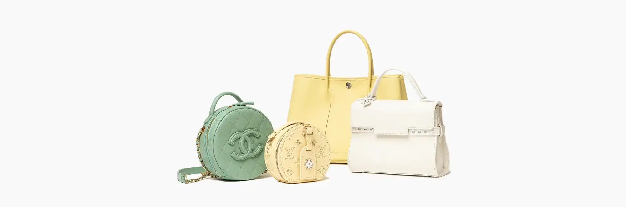 Assorted pastel-colored handbags.