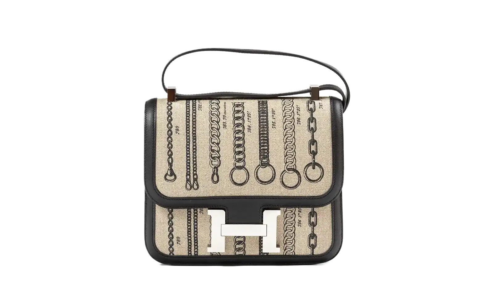 Beige and black handbag with chain print.