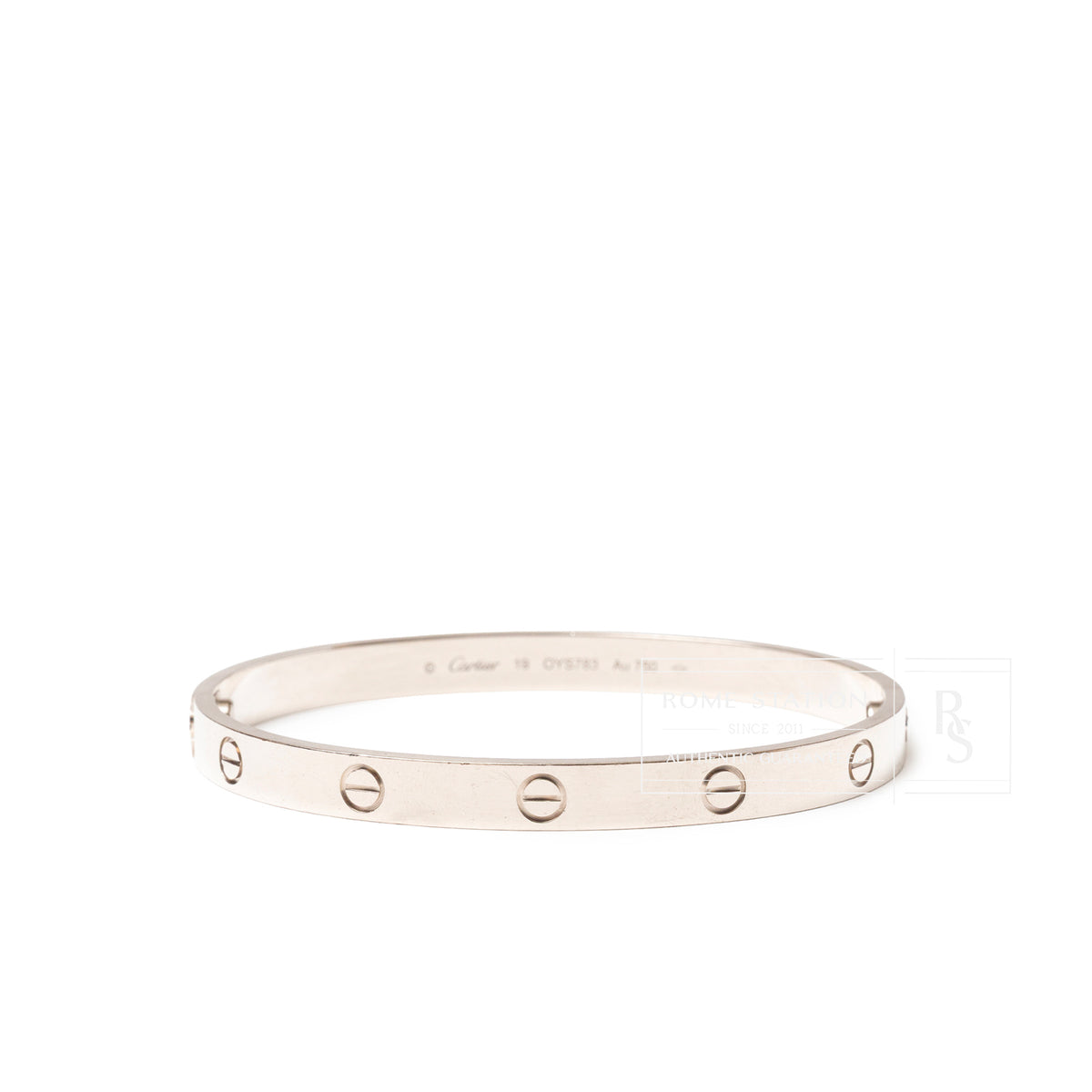 Top-down view of Cartier Love Bracelet Classic Model 18K White Gold showing engraved screw motifs on band