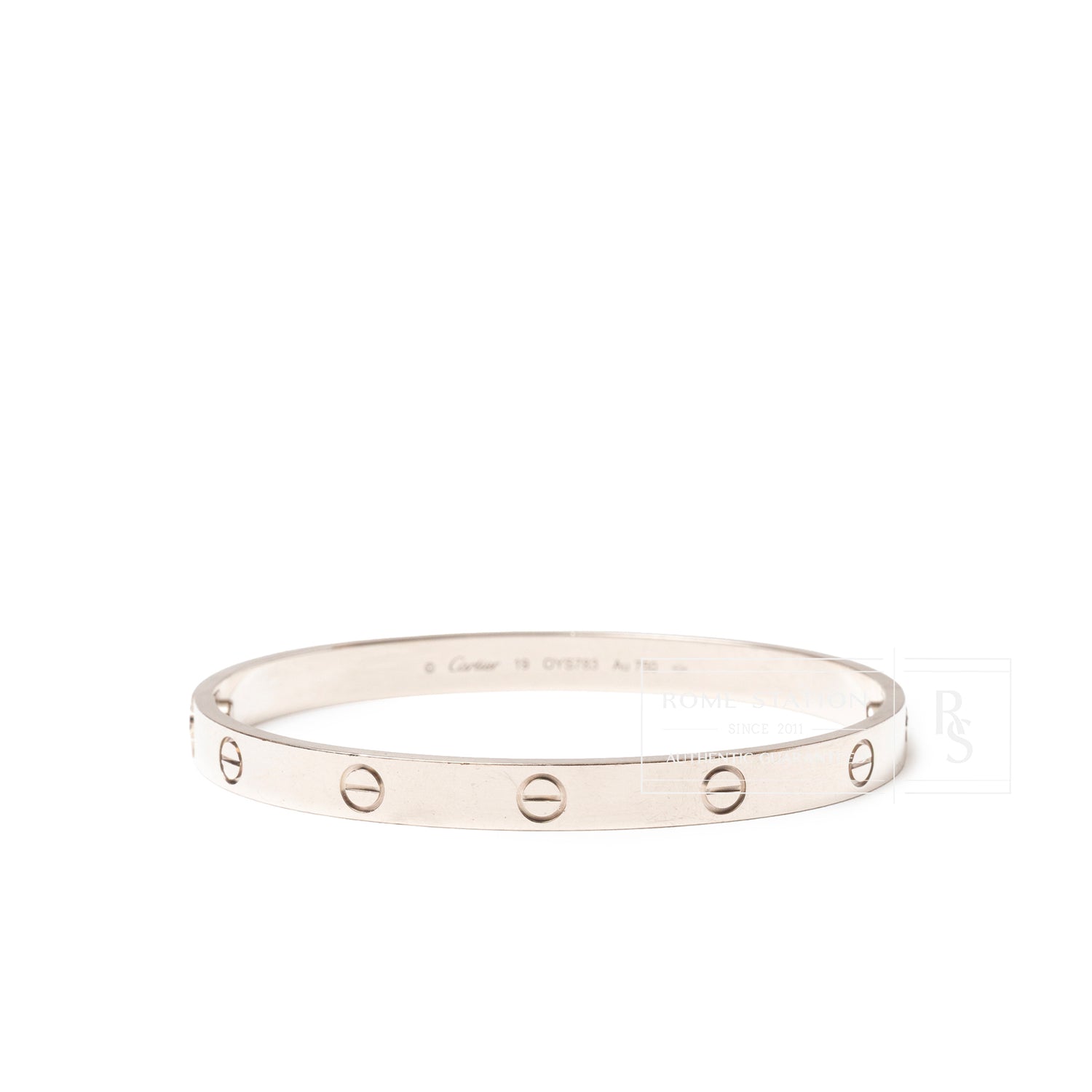 Top-down view of Cartier Love Bracelet Classic Model 18K White Gold showing engraved screw motifs on band