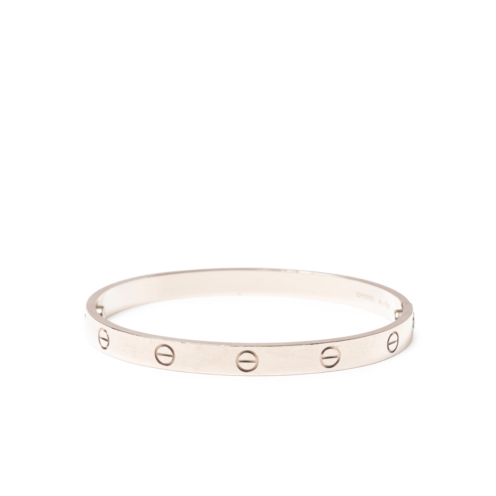 Front view of Cartier Love Bracelet Classic Model 18K White Gold with engraved screw motif on smooth surface