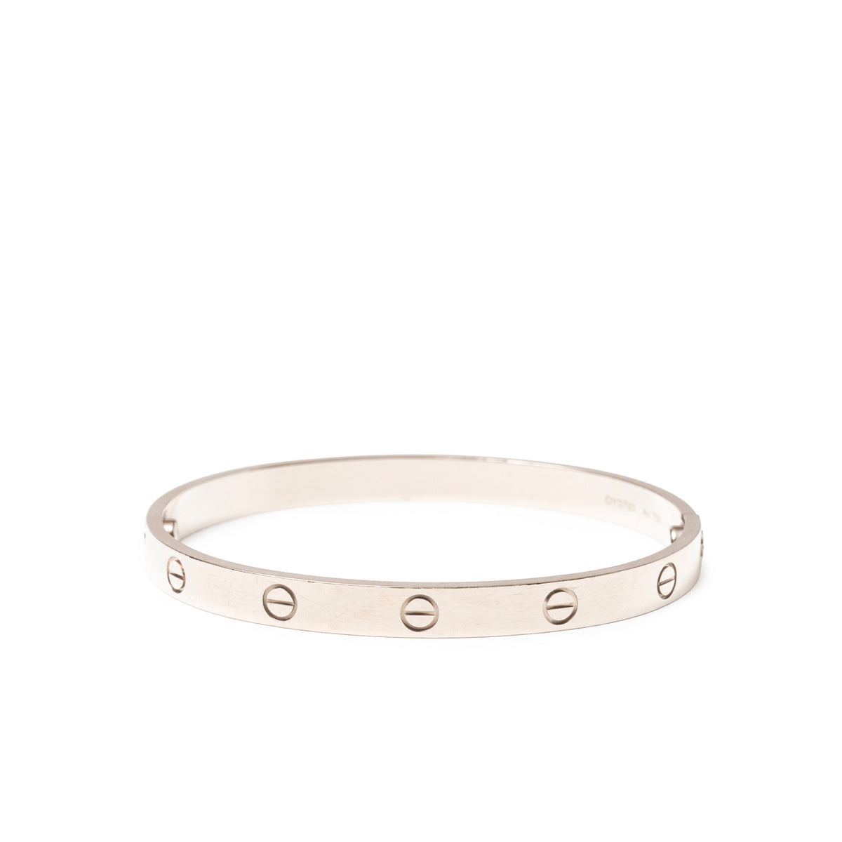 Front view of Cartier Love Bracelet Classic Model 18K White Gold with engraved screw motif on smooth surface