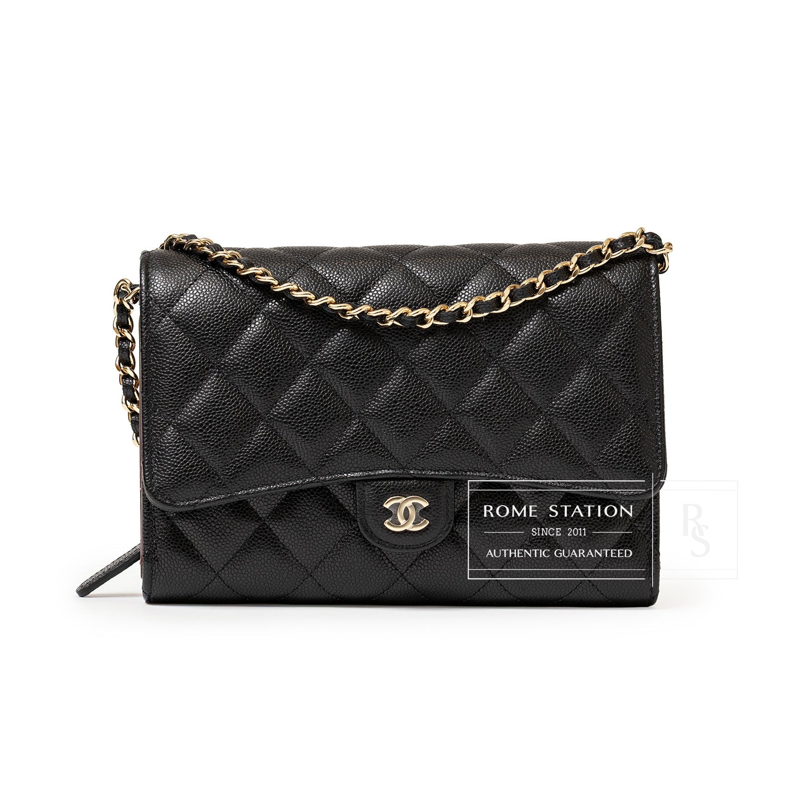 Front view of Chanel 24S Classic Clutch On Chain Caviar Black Gold Hardware with quilted texture and gold chain strap