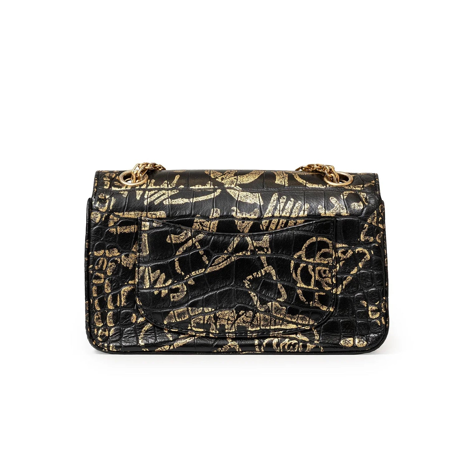 Back view of Chanel 2.55 Reissue 224 Flap Bag Black and Gold Graffiti Crocodile Embossed Calfskin Gold Hardware showing chain detail and flap pocket
