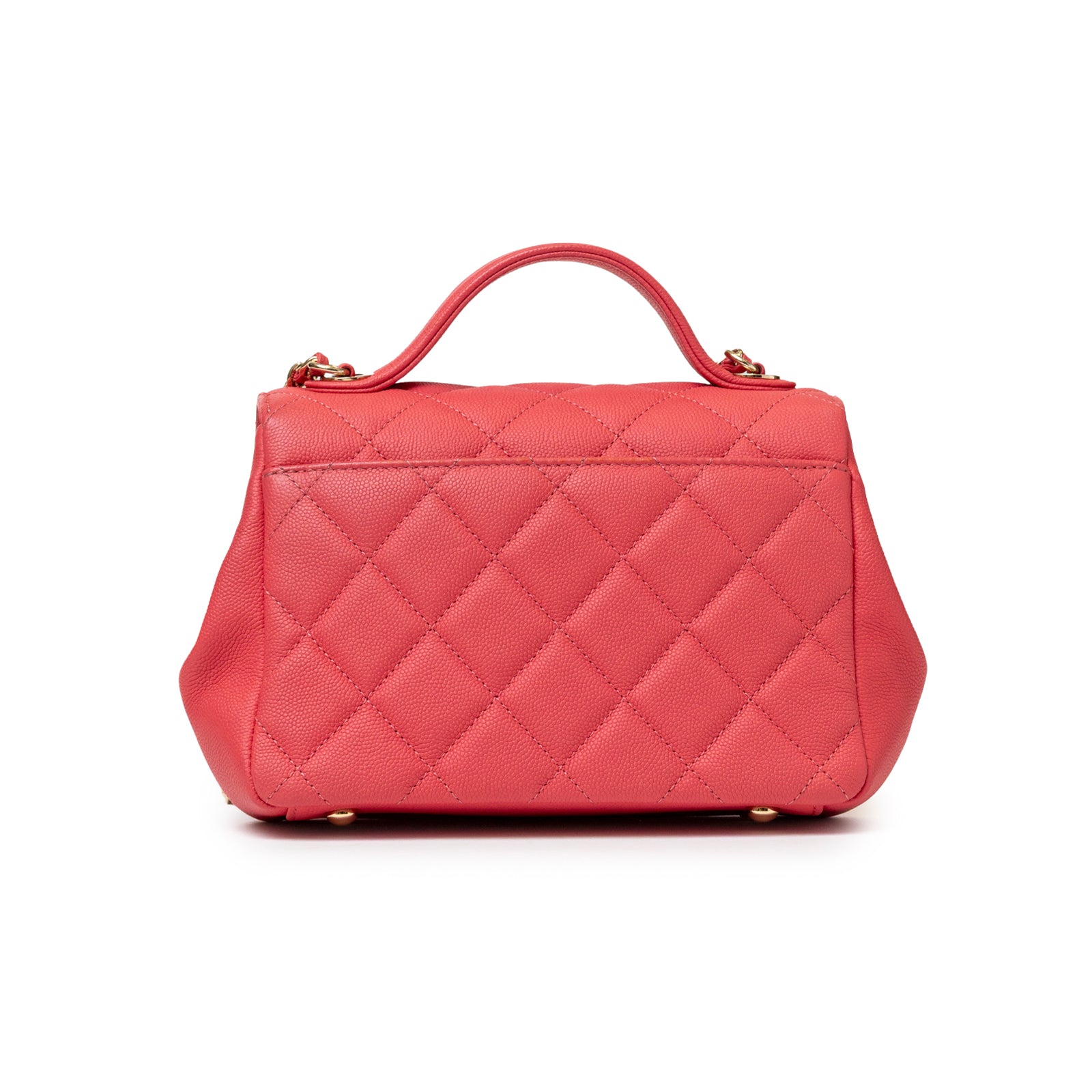 Back side of the Chanel Business Affinity Small Flap Bag Pink Caviar Light Gold Hardware showcasing quilted pink leather and elegant top handle design