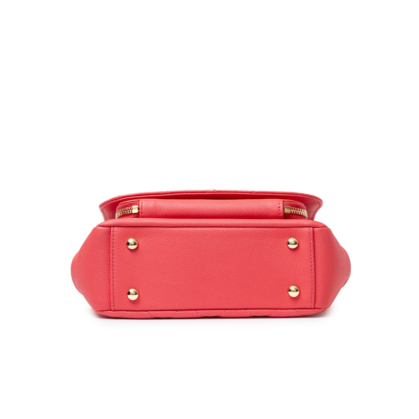 Chanel Business Affinity Small Flap Bag Pink Caviar Light Gold Hardware shown from bottom with gold feet detailing