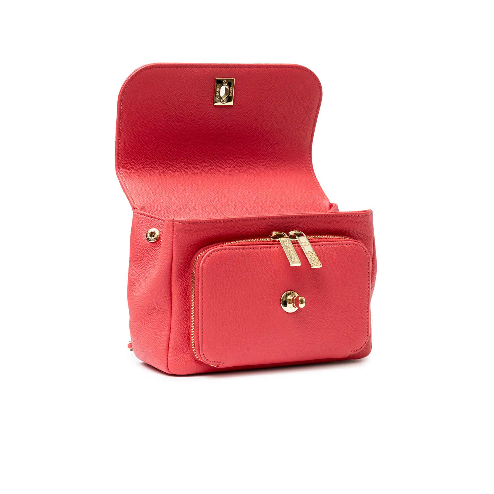 Chanel Business Affinity Small Flap Bag Pink Caviar Light Gold Hardware open showing spacious interior and front zippered pocket