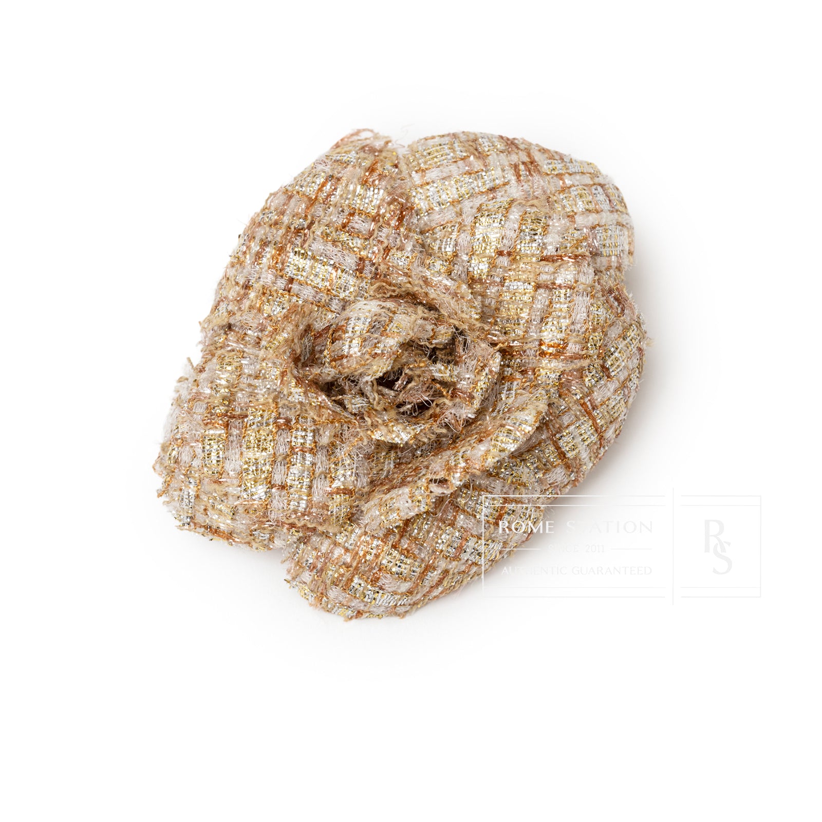 Top-down view of Chanel Camellia Gold Beige Tweed Brooch showing intricate textured tweed fabric petals