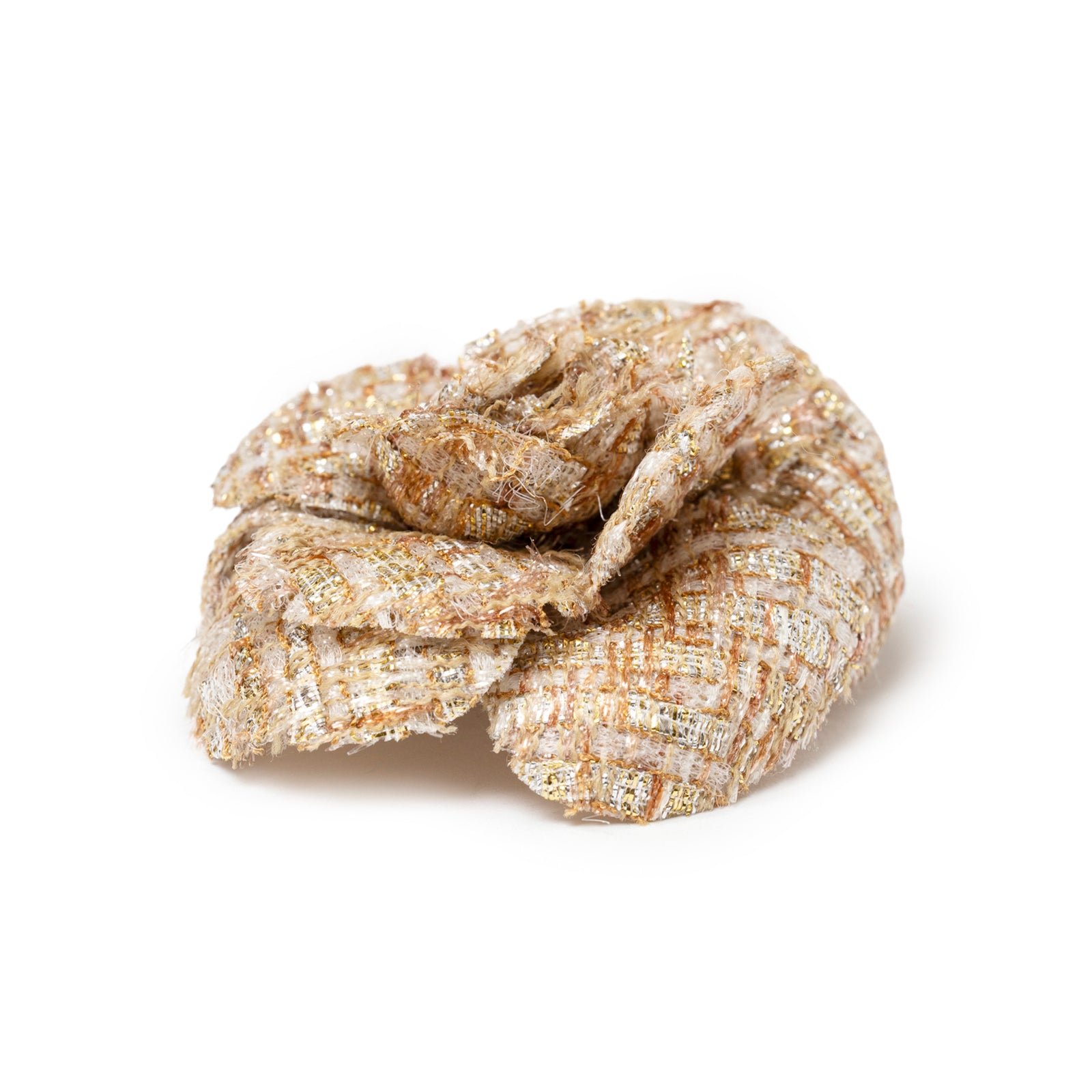 Close-up of Chanel Camellia Gold Beige Tweed Brooch showing layered petals with gold thread accents on white background