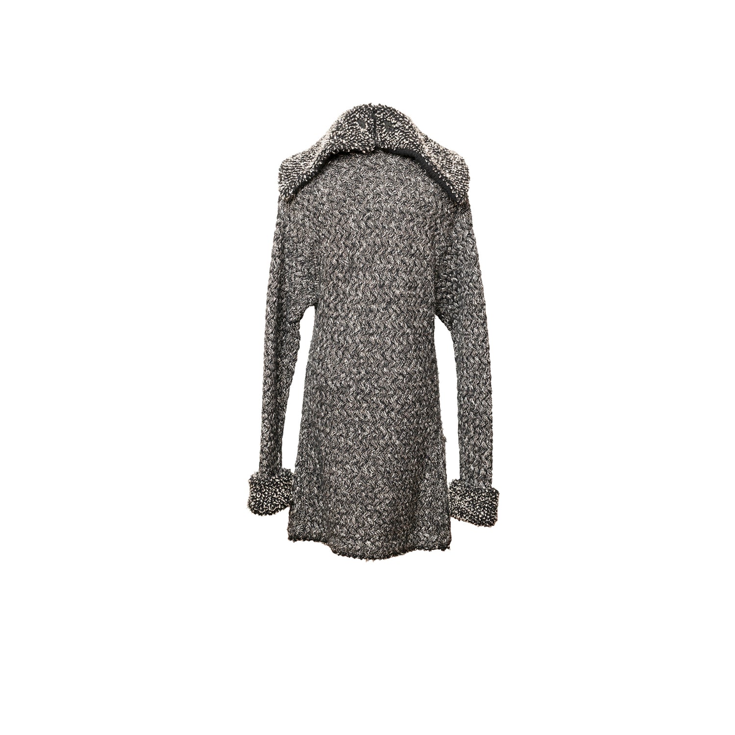 Back view of Chanel Cardigan Long Black/White showing textured knit with rolled cuffs and hood detail