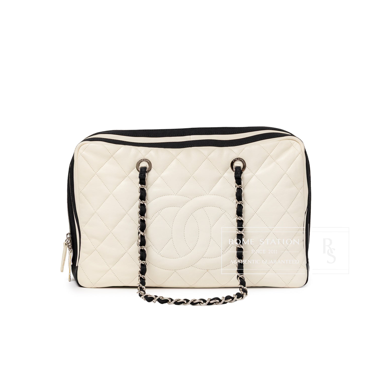 Front view of Chanel CC Quilted Zip Shoulder Bag White & Black Lambskin Palladium Hardware showing quilted pattern and chain straps