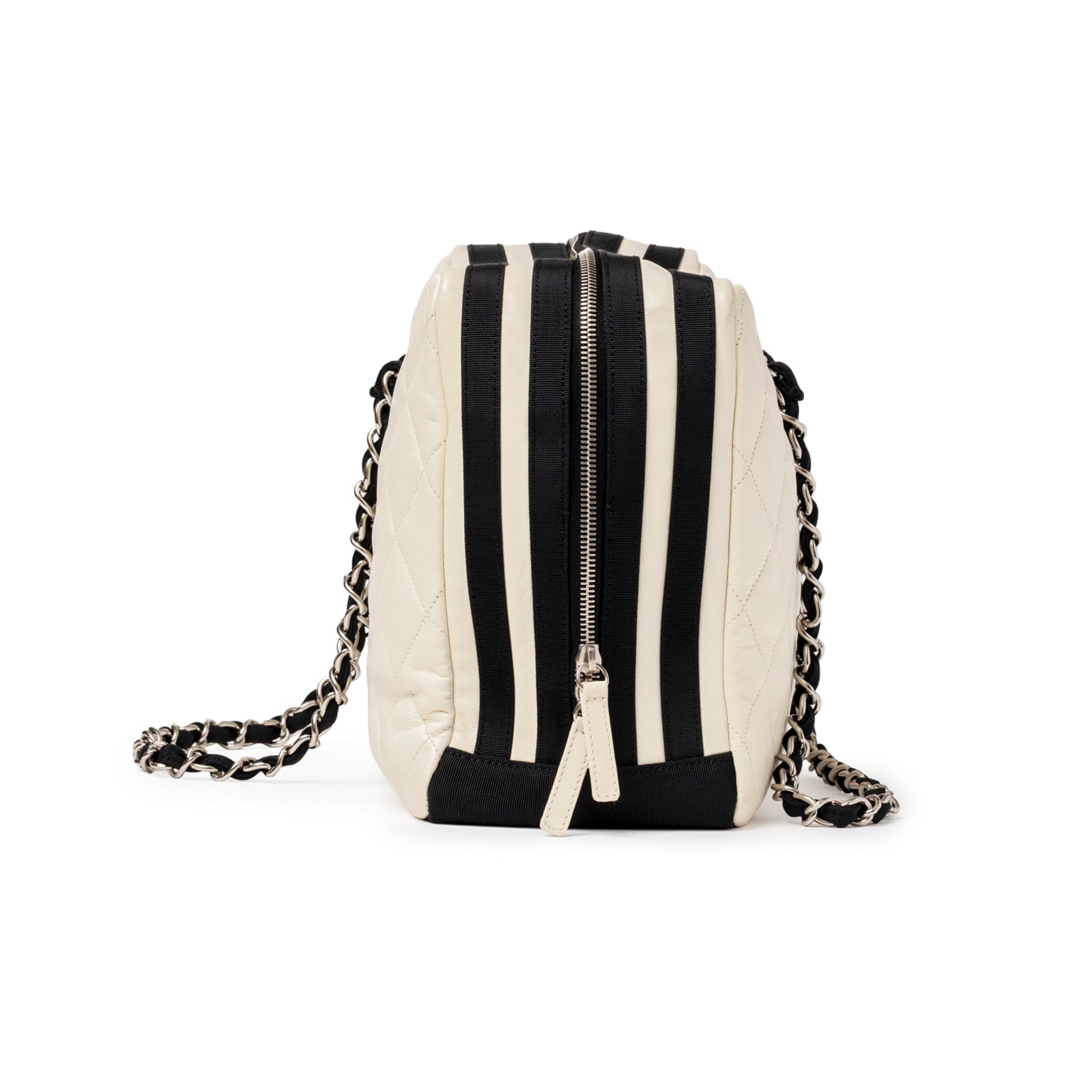 Side view of Chanel CC Quilted Zip Shoulder Bag White & Black Lambskin Palladium Hardware emphasizing striped zipper detail and chain strap
