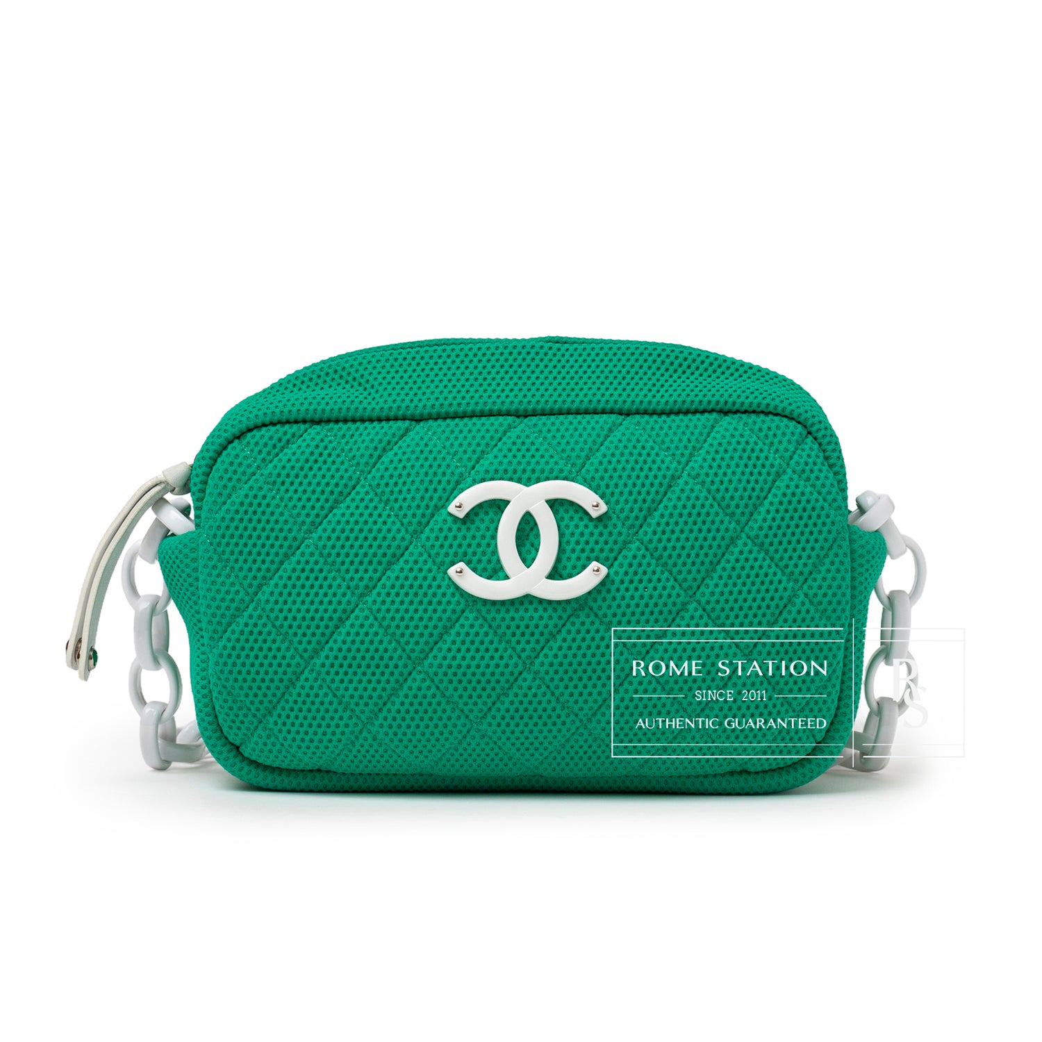 Front view of Chanel CC Sport Jersey Bag Green White Chain with quilted texture and silver logo clasp