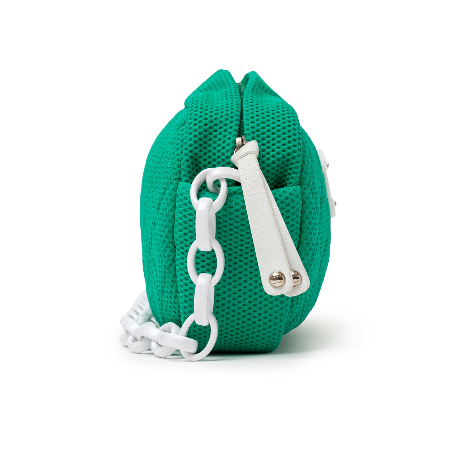 Side view of Chanel CC Sport Jersey Bag Green White Chain with textured fabric and chain strap detail
