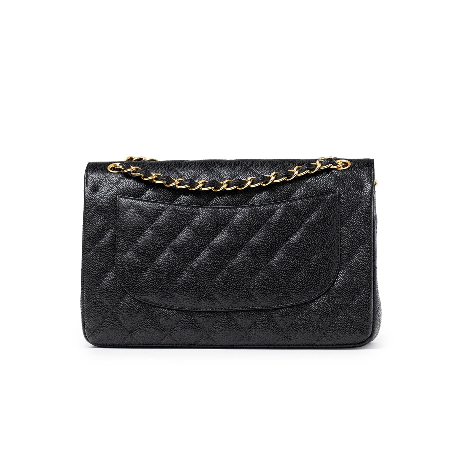 Back view of Chanel Classic Flap Jumbo Caviar Black Gold Hardware featuring quilted leather and chain strap detail