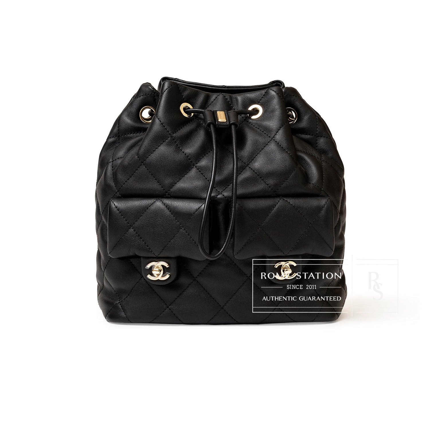 Front view of Chanel Coco Mellow Backpack Calf Black Permabrass Hardware 23B with quilted leather and drawstring closure