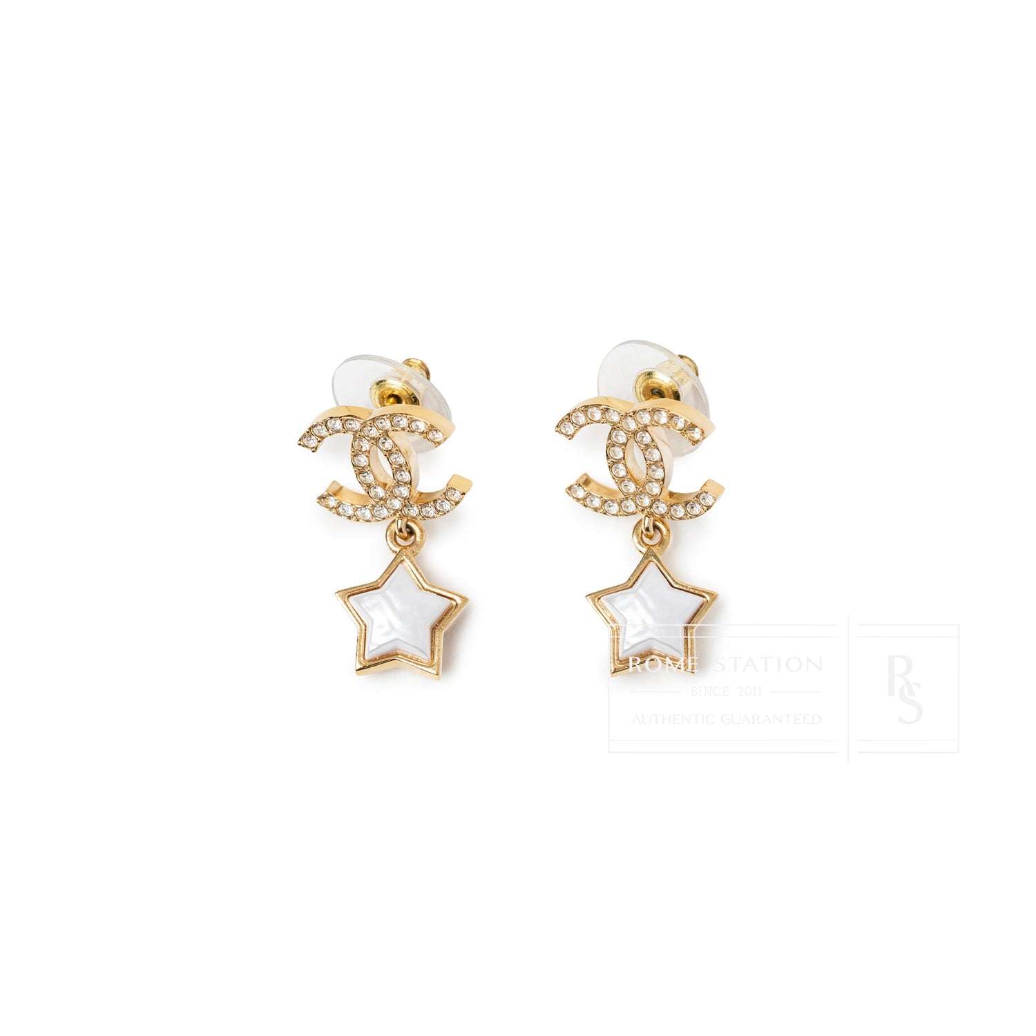 Front view of Chanel Crystal and Pearl CC Star Dangle Earrings Gold Hardware showing detailed crystals and star charms