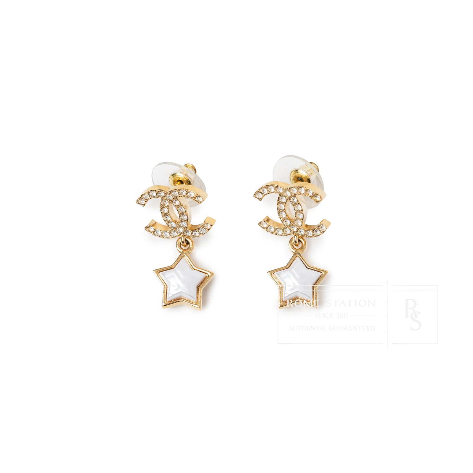Front view of Chanel Crystal and Pearl CC Star Dangle Earrings Gold Hardware showing detailed crystals and star charms