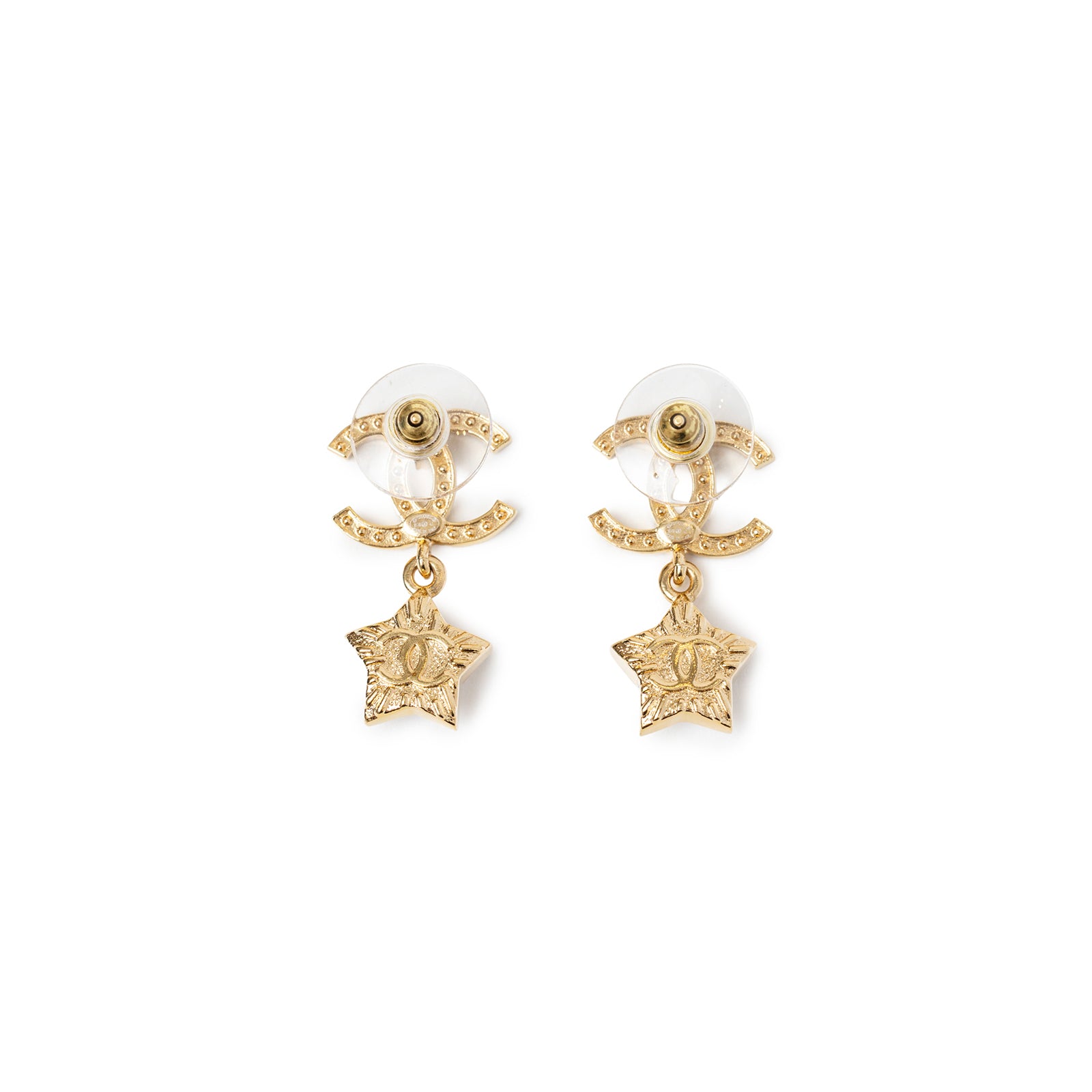 Back view of Chanel Crystal and Pearl CC Star Dangle Earrings Gold Hardware showing gold star charms and pearl backing details.