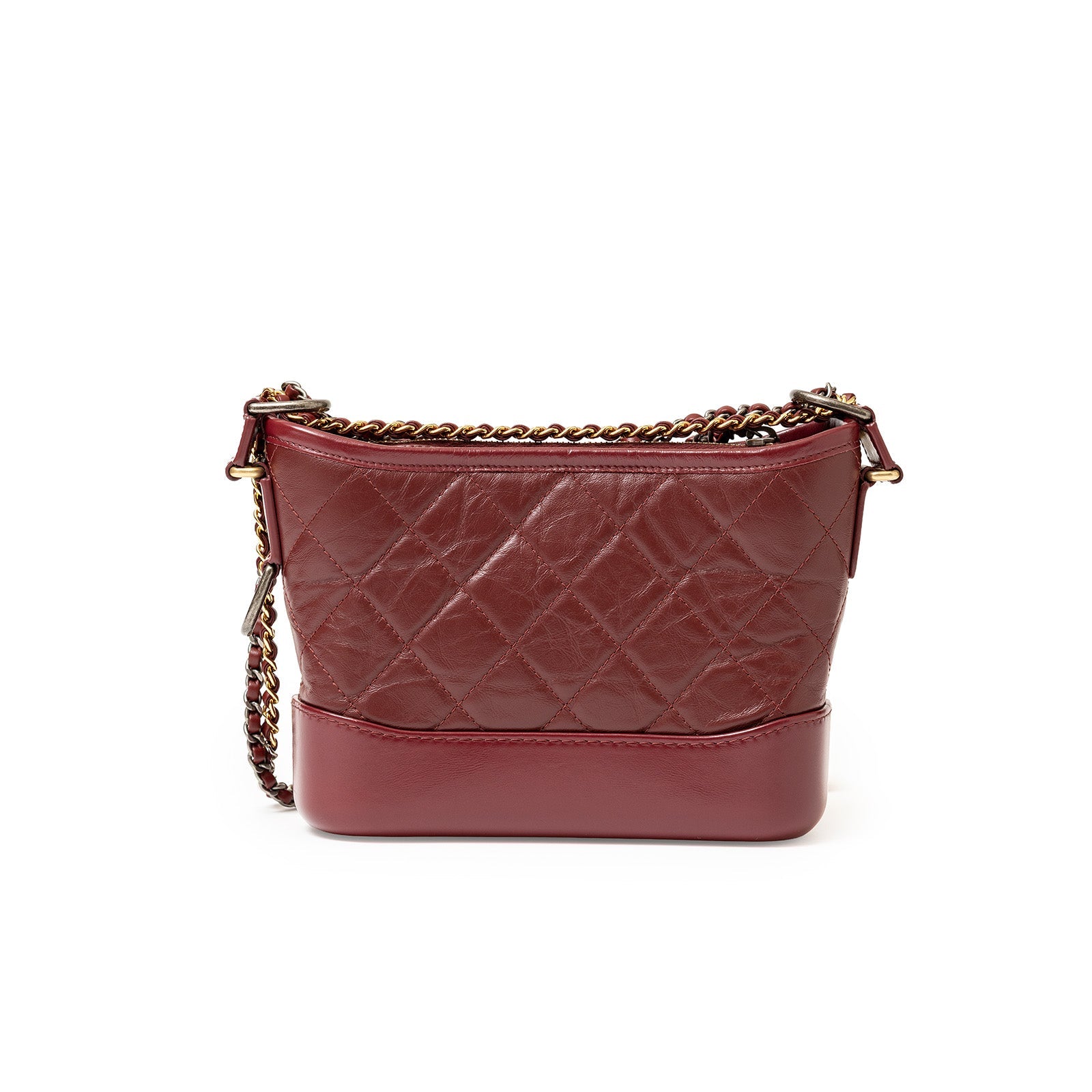 Rear angled view of Chanel Gabrielle Hobo Bag Burgurdy Palladium and Gold Hardware showing quilted leather and chain strap details