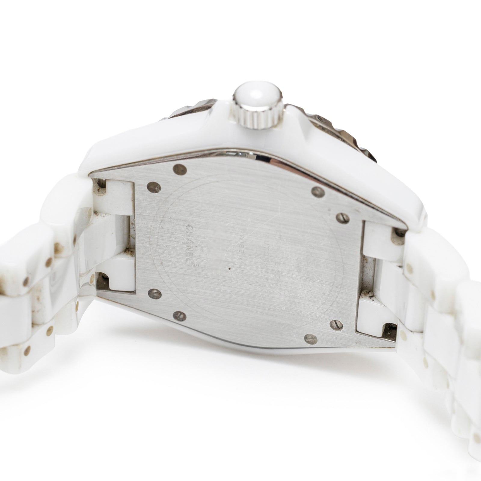 Back view close-up of Chanel J12 38mm Ceramic White Pink Sapphire Automatic Watch showing clasp and caseback details