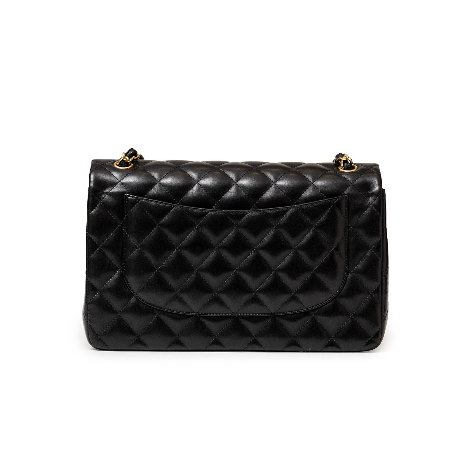 Back view of Chanel Jumbo Classic Double Flap Bag Black Lambskin Gold Hardware showing quilted leather pocket and chain strap detail