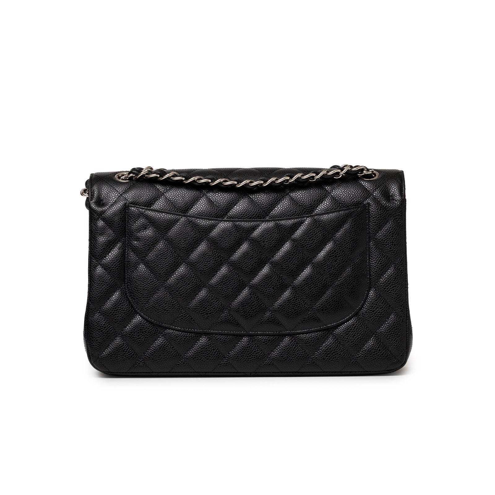 Back of Chanel Jumbo Classic Double Flap Caviar Black Palladium Hardware showing quilted leather pocket.