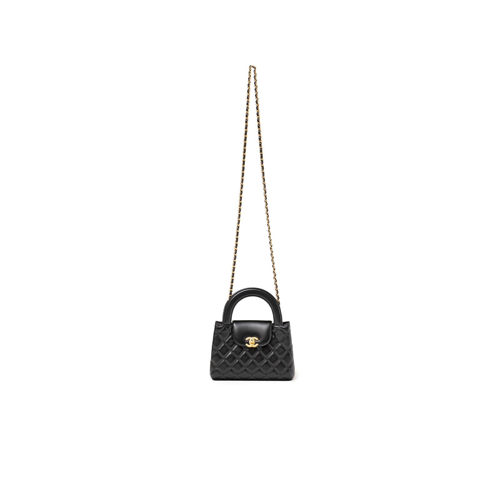 Front view of Chanel Kelly Shopper Small Black Shiny Aged Calfskin Brushed Gold Hardware with chain strap and quilted pattern