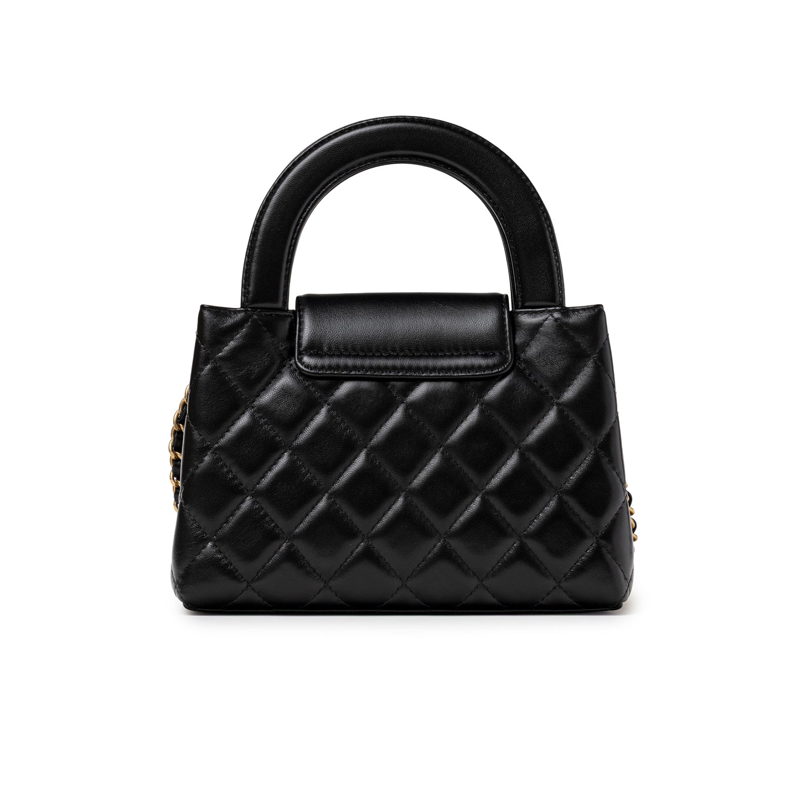 Back view of Chanel Kelly Shopper Small Black Shiny Aged Calfskin Brushed Gold Hardware with quilted leather pattern and handles