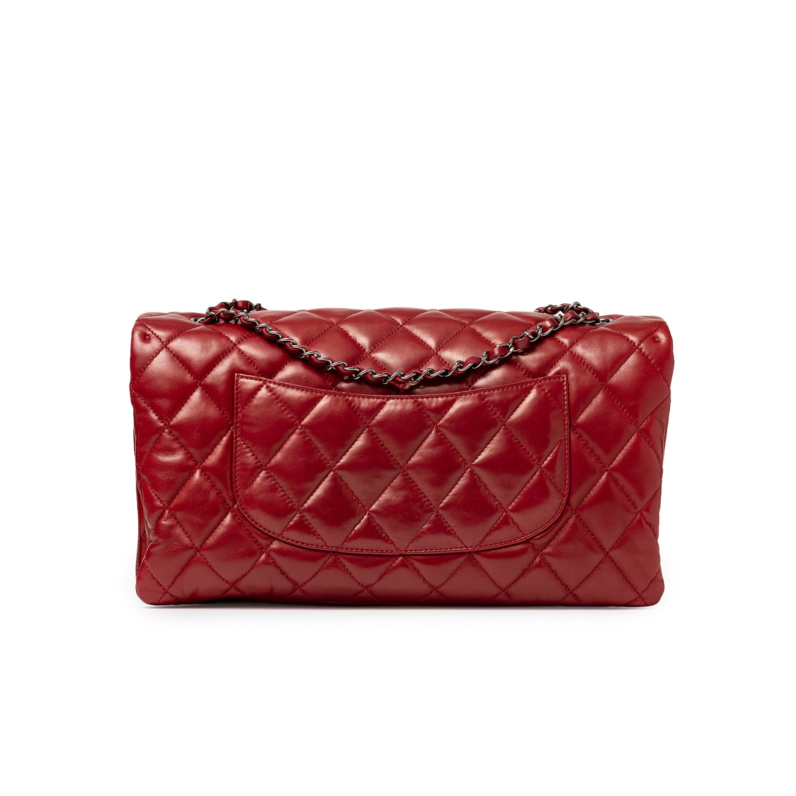 Back view of Chanel Maxi 3 Accordion Flap Bag Lambskin Red Palladium Hardware with diamond quilting and chain strap