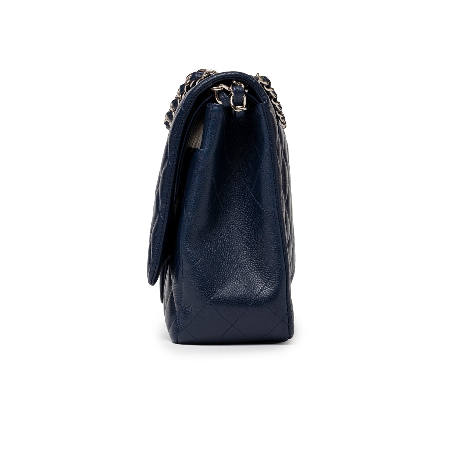 Side view of Chanel Maxi Classic Double Flap Caviar Navy Palladium Hardware showing textured leather and chain strap detail