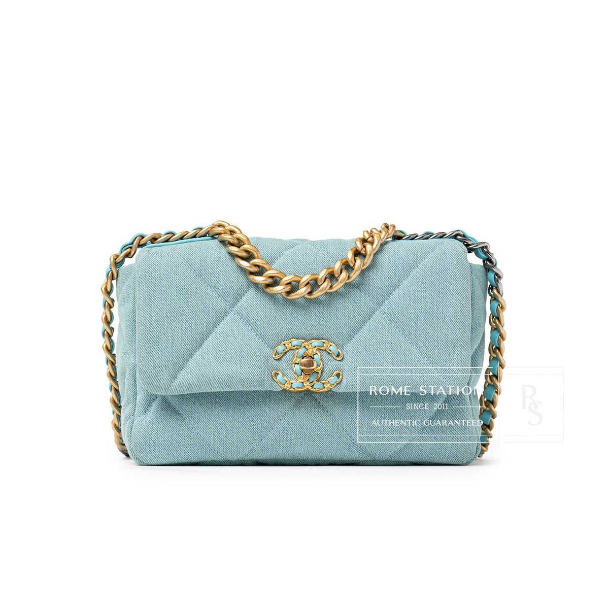 Front view of Chanel Medium 19 Flap Light Blue Denim Mixed Metal Hardware quilted bag with chain strap