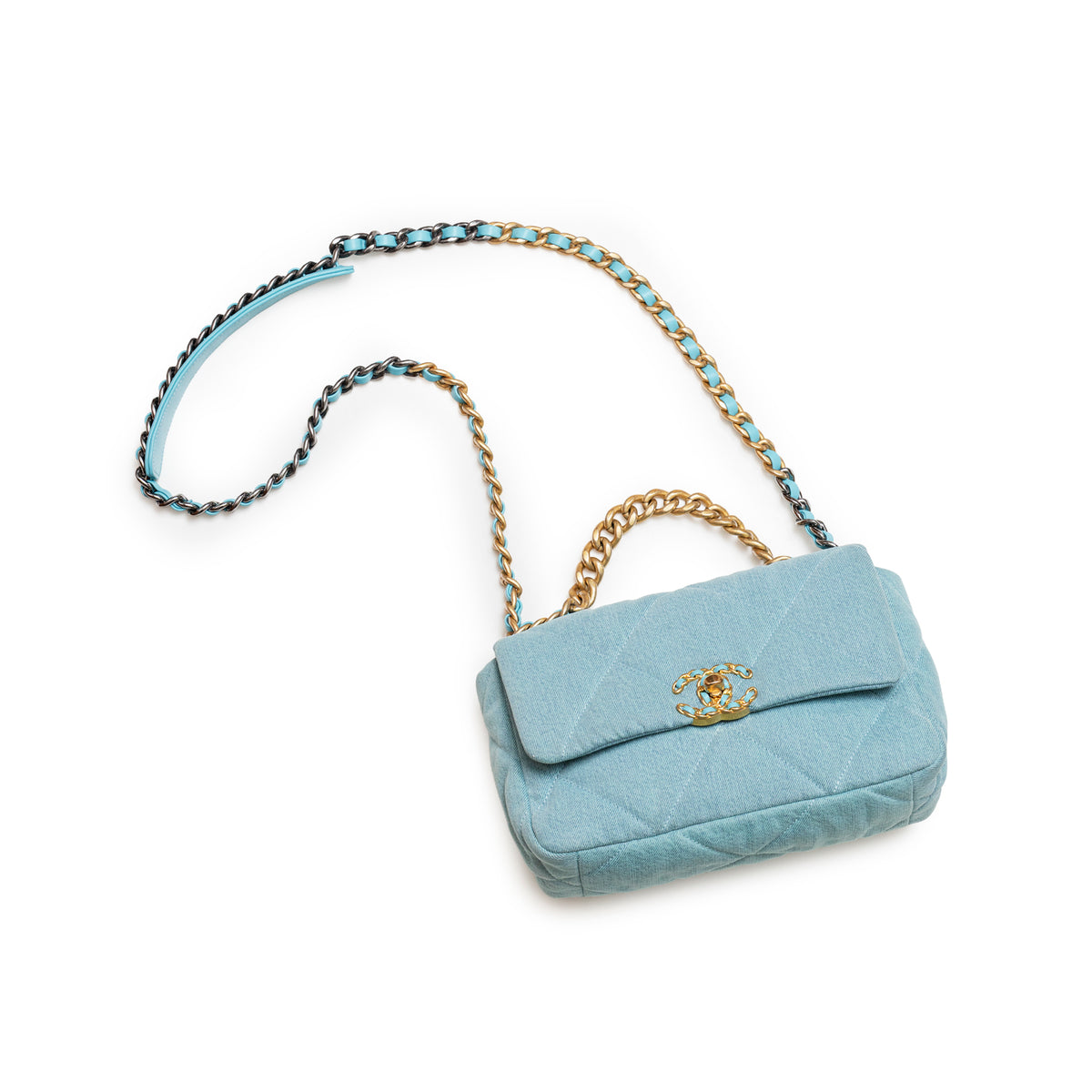 Chanel Medium 19 Flap Light Blue Denim Mixed Metal Hardware quilted handbag with mixed metal chain strap
