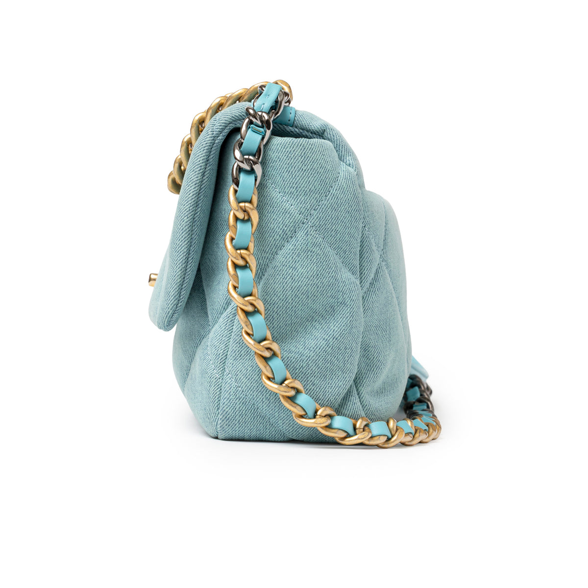Chanel Medium 19 Flap Light Blue Denim Mixed Metal Hardware side view with gold chain