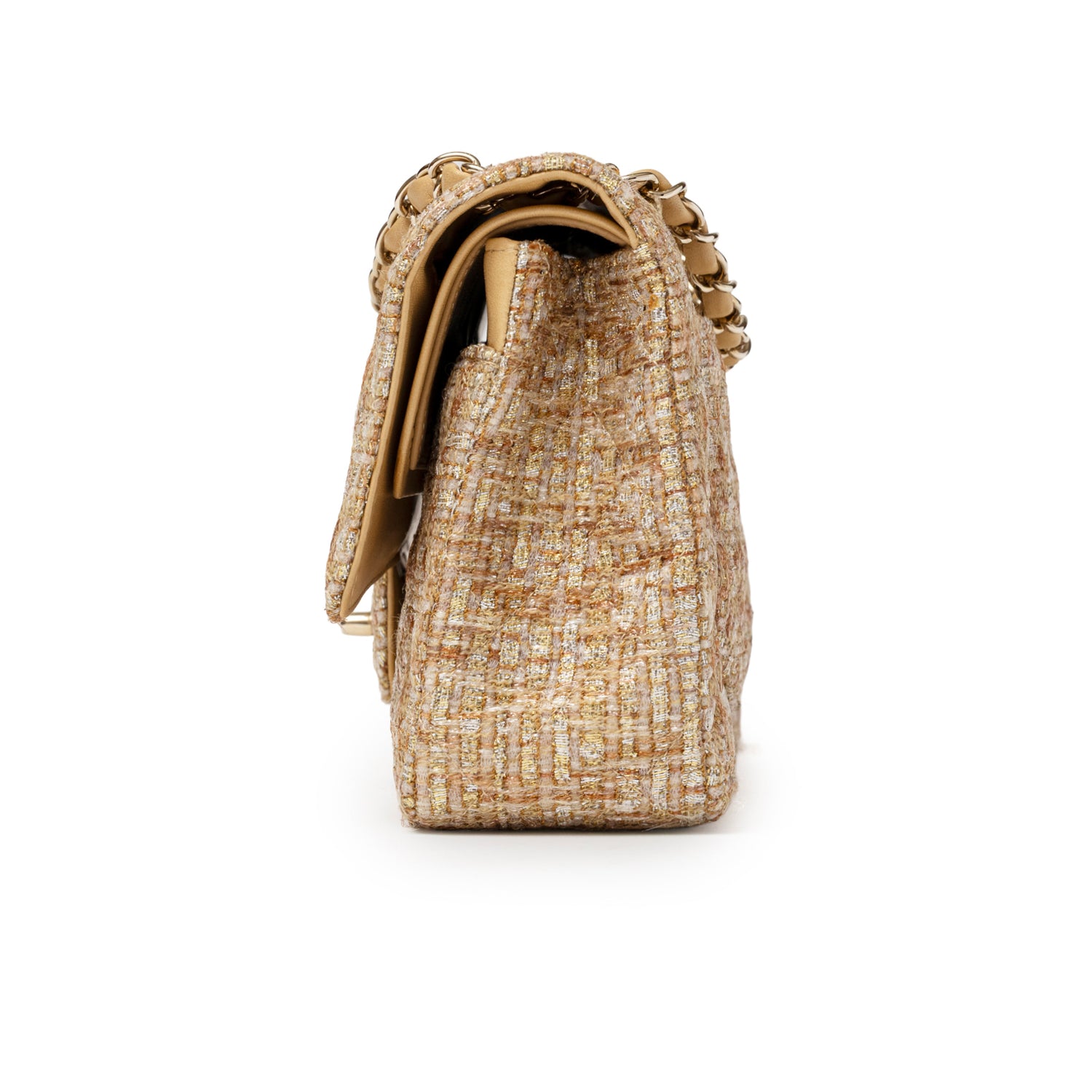 Side angle of Chanel Classic Double Flap Medium Gold Beige Tweed Gold Hardware showing textured fabric and chain strap detail