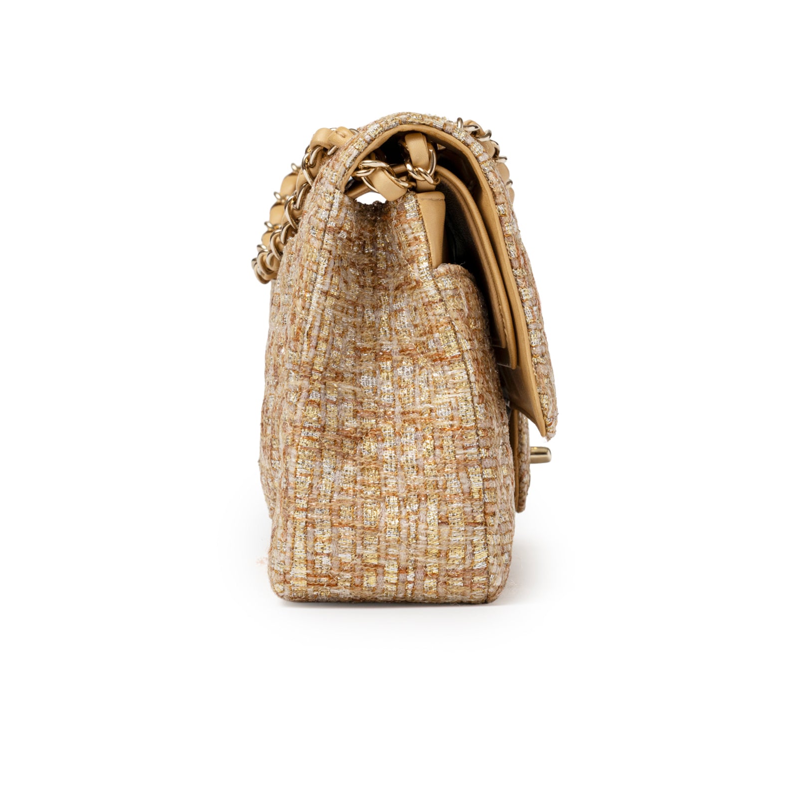 Side profile of Chanel Classic Double Flap Medium Gold Beige Tweed Gold Hardware showing textured fabric and chain strap loop detail