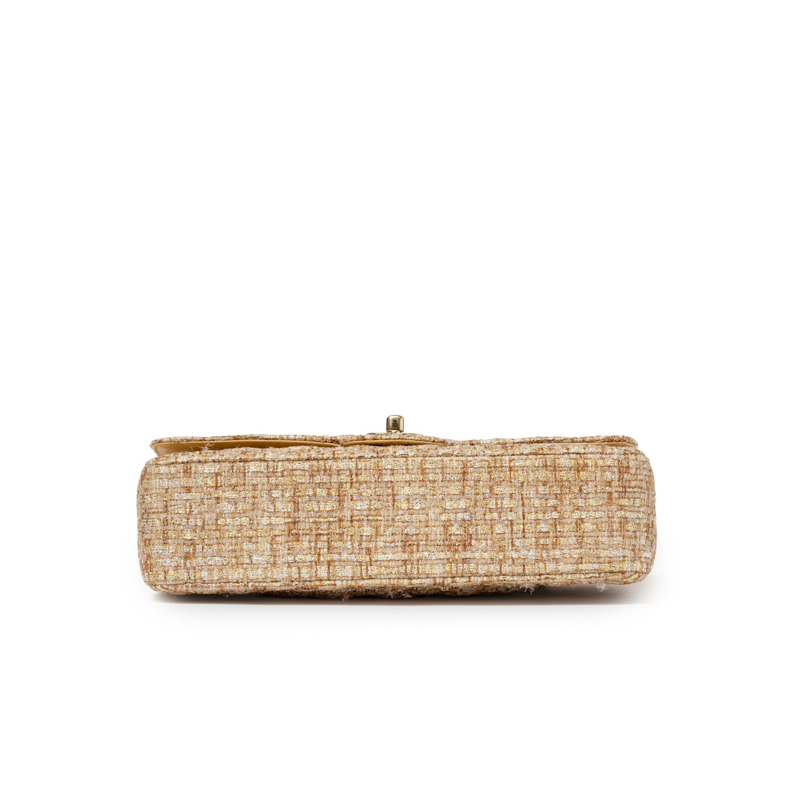 Bottom view showing the structured base and tweed texture of Chanel Classic Double Flap Medium Gold Beige Tweed Gold Hardware