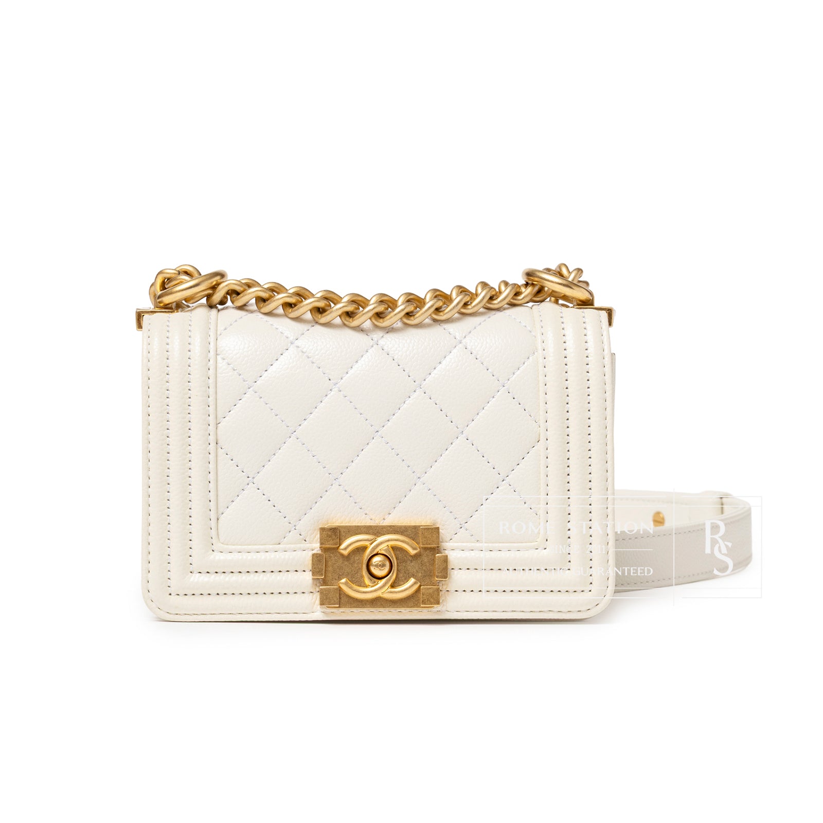 Front view of Chanel Mini Boy Bag White Caviar Gold Hardware with signature quilted texture and chain strap detail