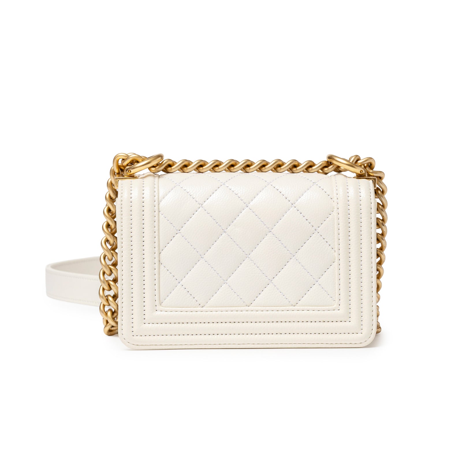 Back of Chanel Mini Boy Bag White Caviar Gold Hardware showing quilted leather and chain strap detail