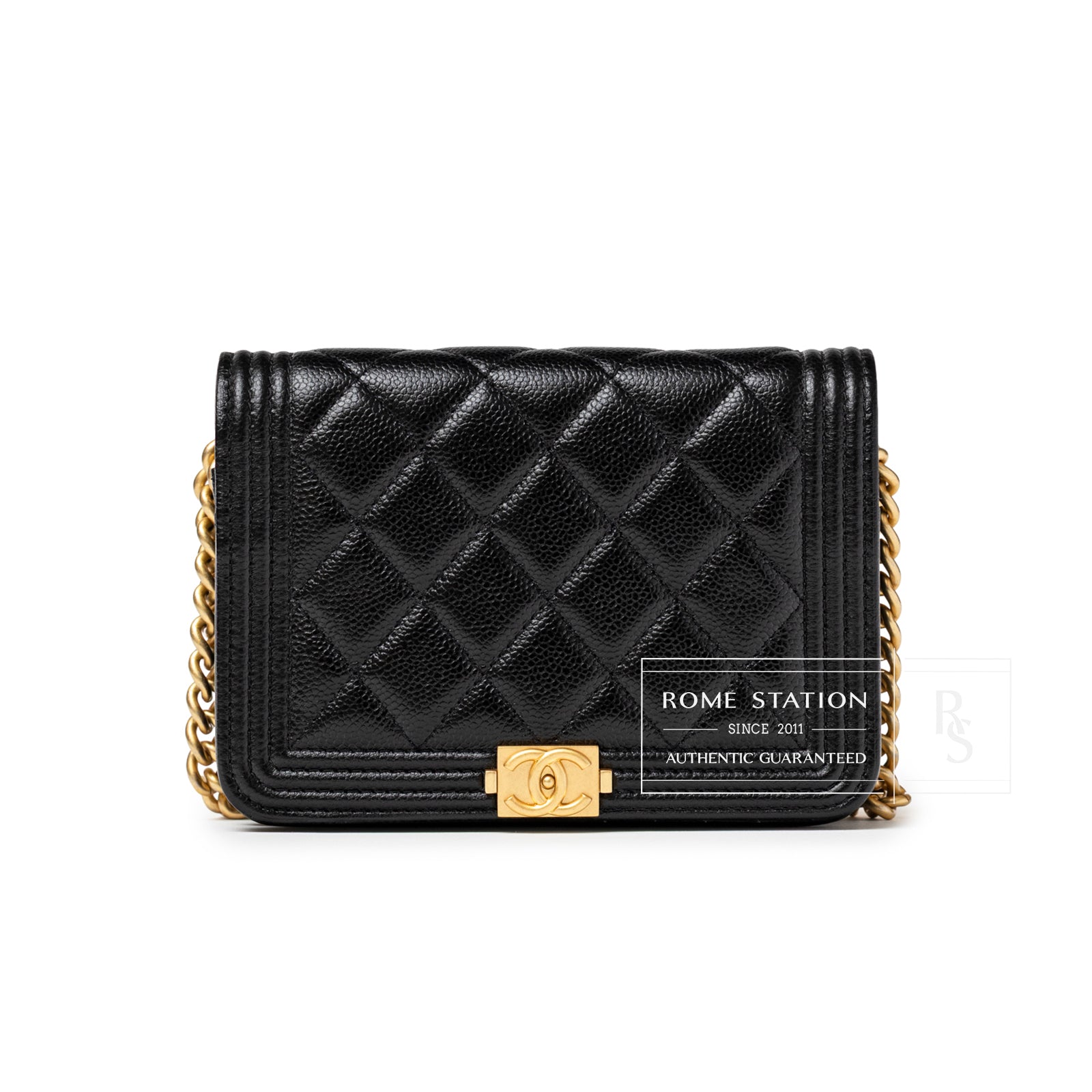 Front view of Chanel Mini Boy Wallet on Chain Black Caviar Brushed Gold Hardware showing quilted texture and clasp detail