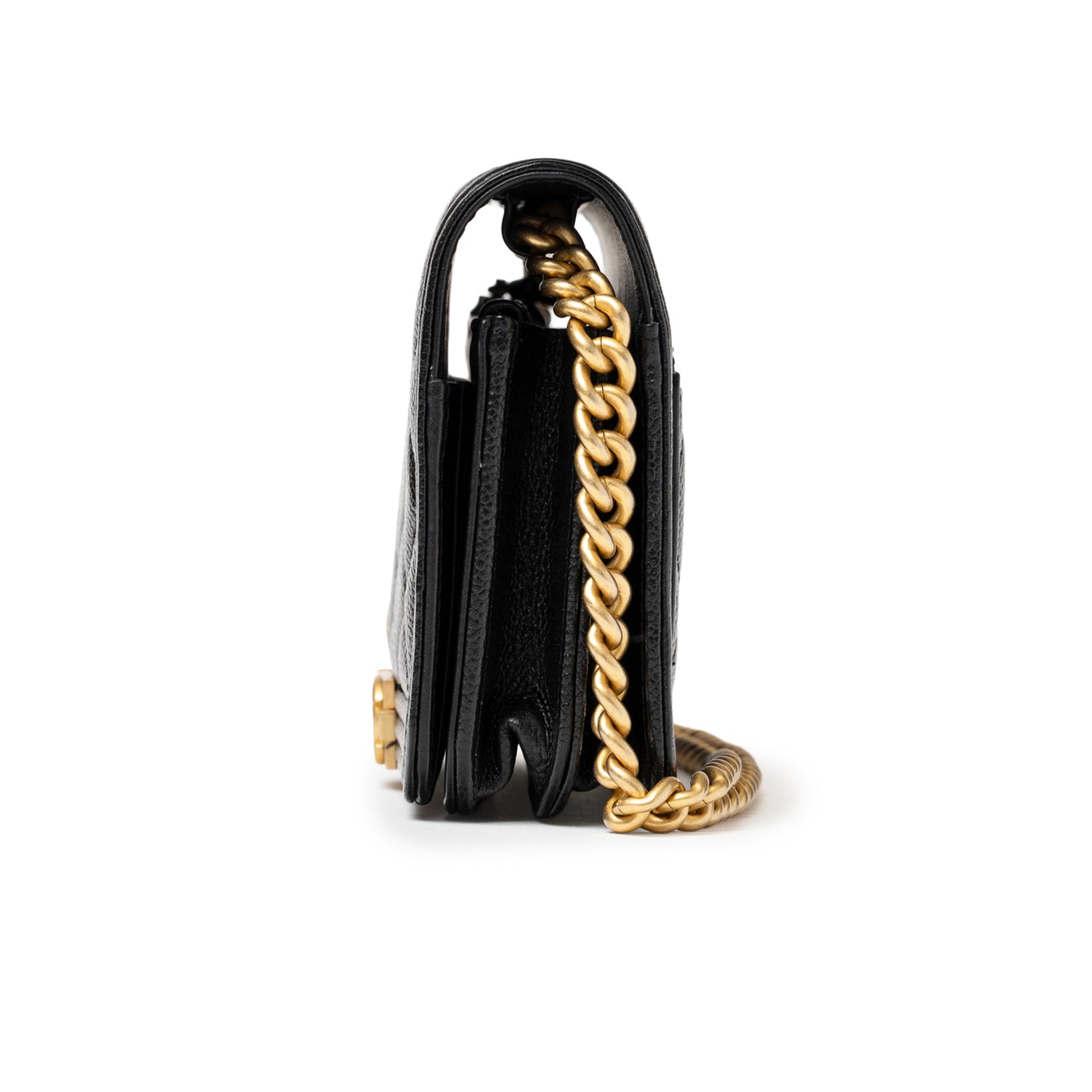 Side view of Chanel Mini Boy Wallet on Chain Black Caviar Brushed Gold Hardware showing chain strap thickness and side profile details