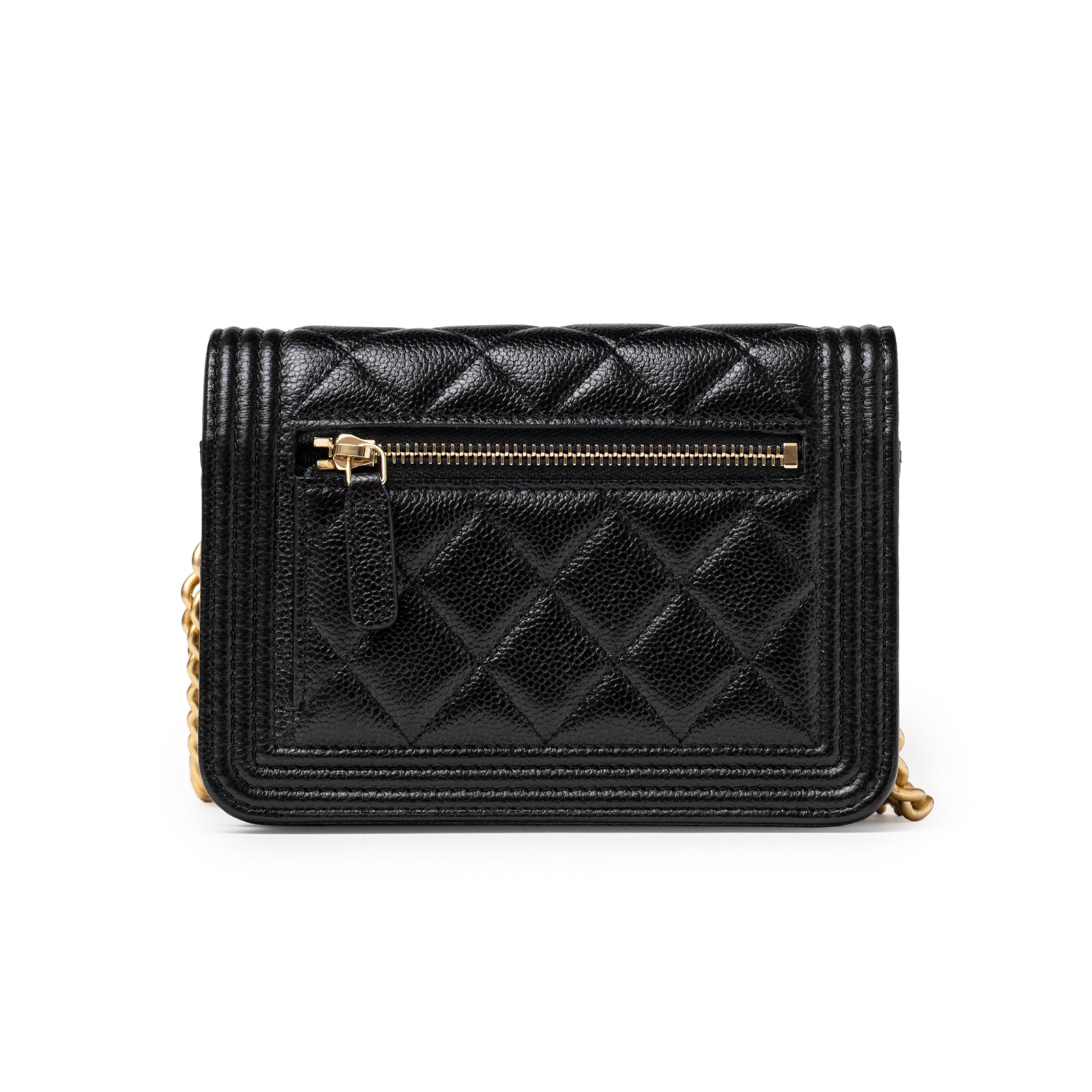 Back view of Chanel Mini Boy Wallet on Chain Black Caviar Brushed Gold Hardware with zippered exterior pocket detail