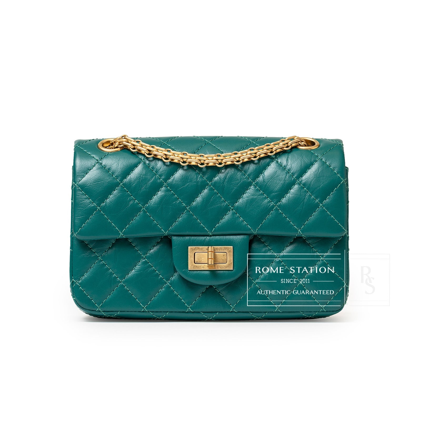 Front view of Chanel Mini Reissue 2.55 Flap Bag Green Calf Brushed Gold Hardware with quilted leather pattern