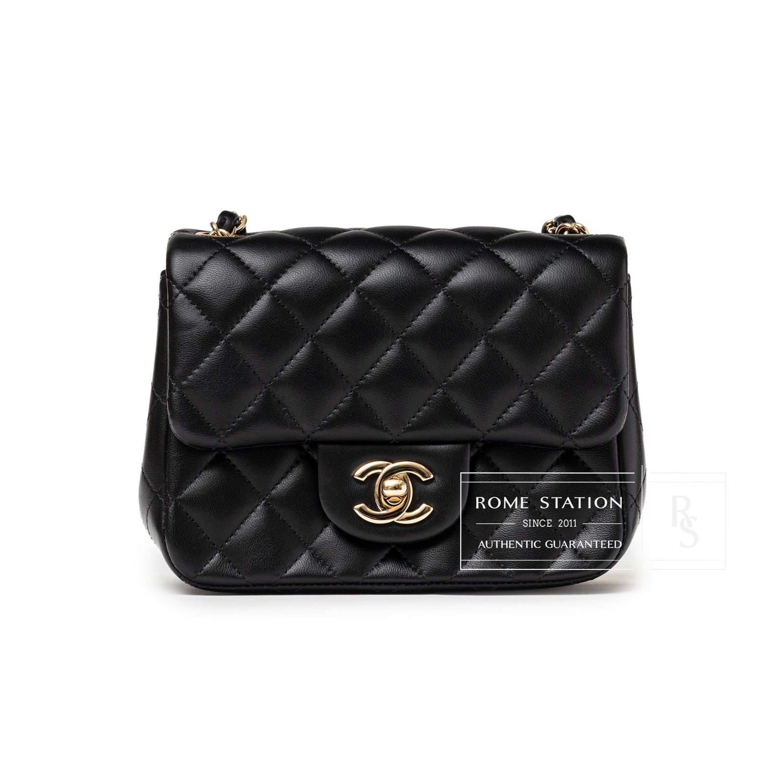 Front view of Chanel Mini Square Classic Flap bag Black Lambskin Light Gold Hardware with quilted texture and logo clasp