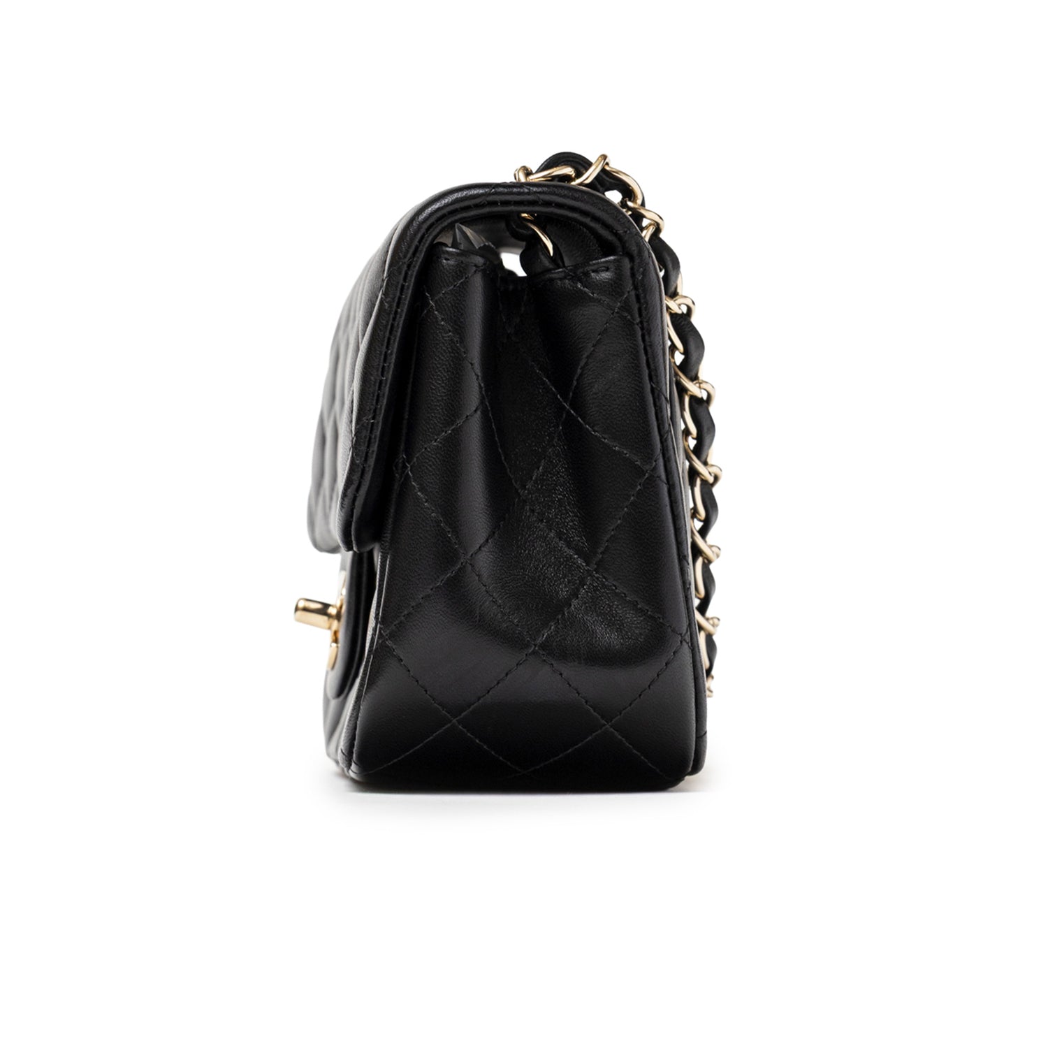 Side profile of Chanel Mini Square Classic Flap bag Black Lambskin Light Gold Hardware showing quilted texture and chain strap detail