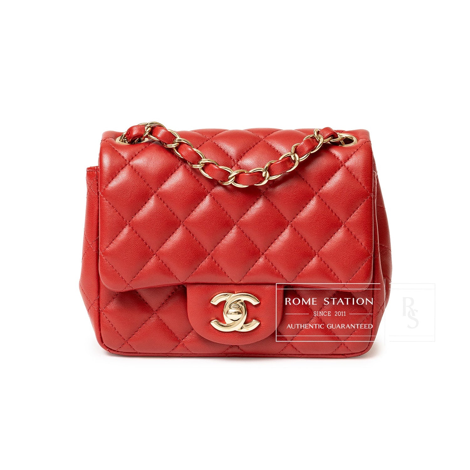 Chanel Mini Square Classic Flap bag Red Lambskin Gold Hardware